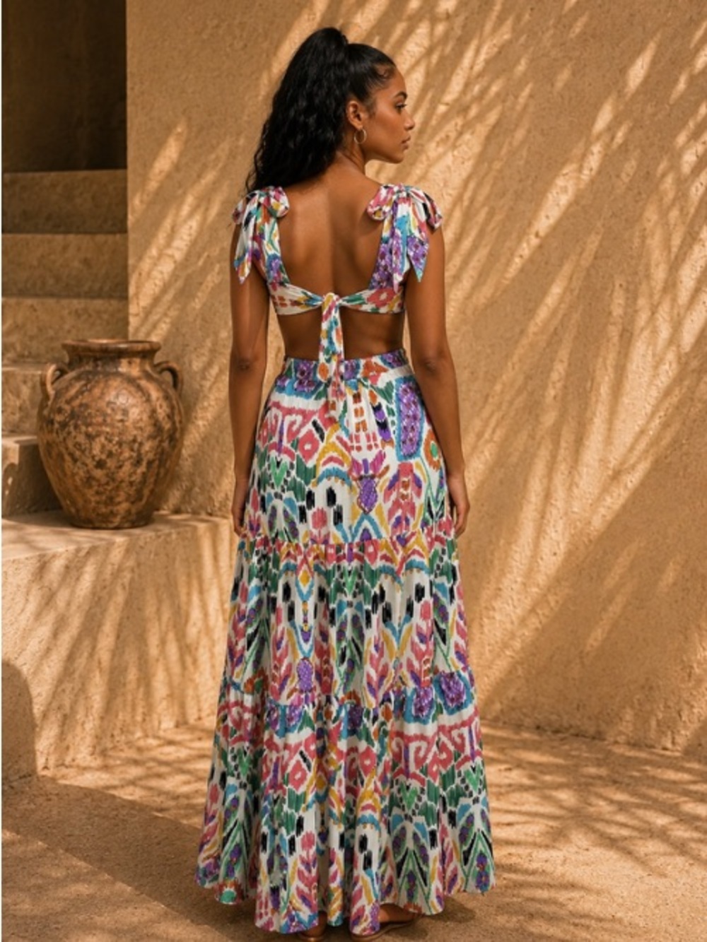 Boho Tie-Back Maxi Dress in Multicolor
